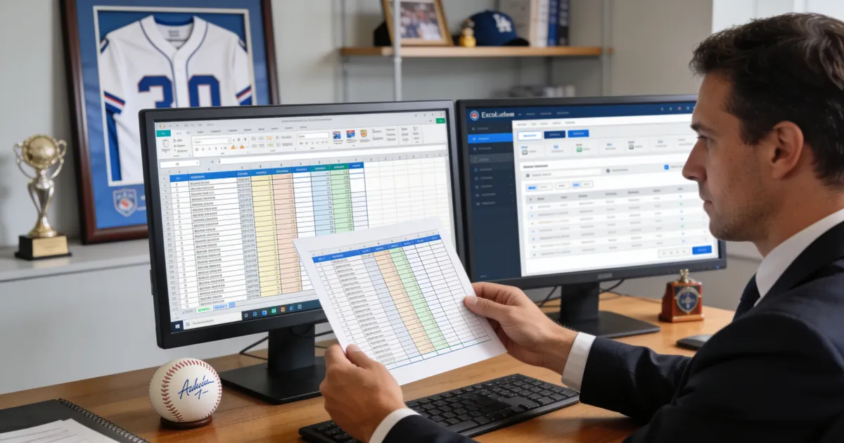 Manager de club sportiv transferă date dintr-un tabel Excel într-un dashboard digital pe laptop